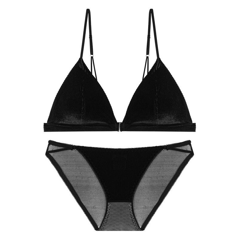 No Steel Ring Bra Back Breathable French Triangle Cup Suede Thin Bra Set