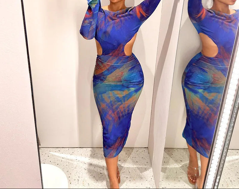 Blue Print Bodycon Dress with Sheer Mesh Sleeves
