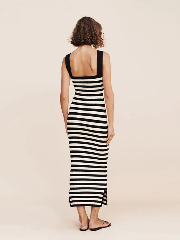 Black White Striped Knitted Midi Dress