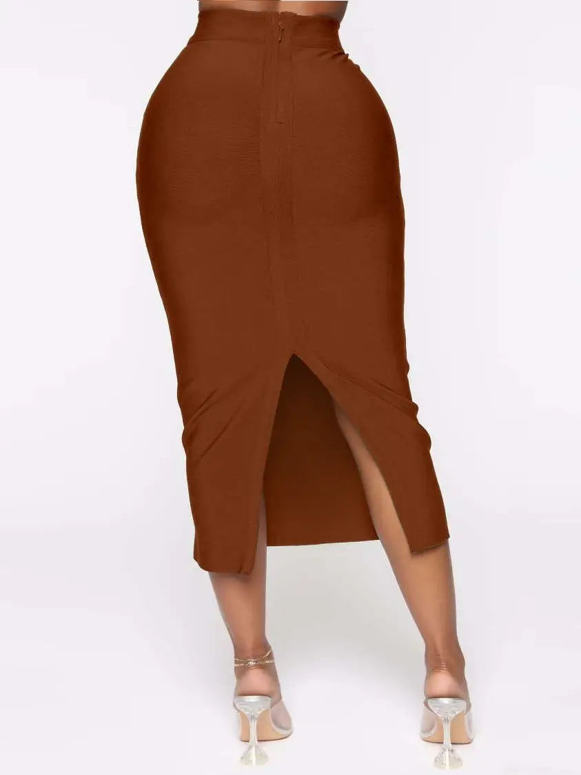 Open Fork Split Brown Bandage Skirt