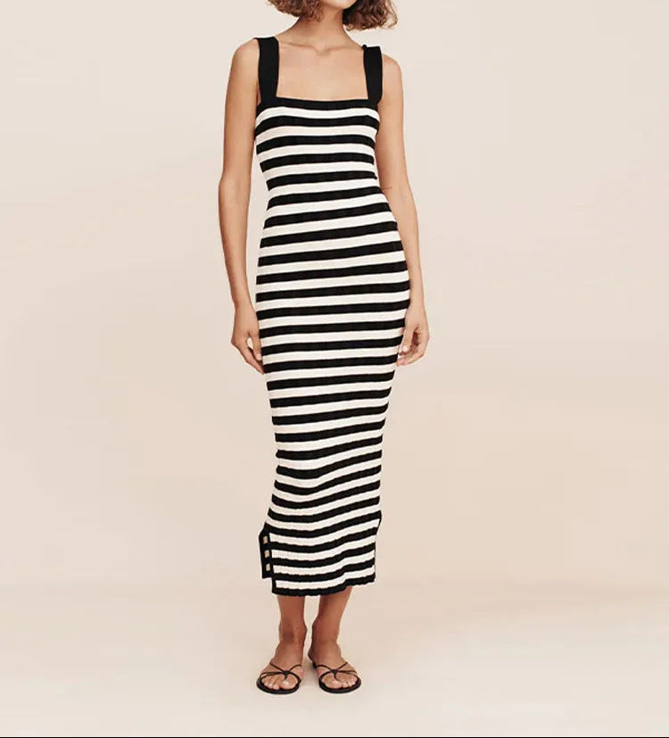 Black White Striped Knitted Midi Dress