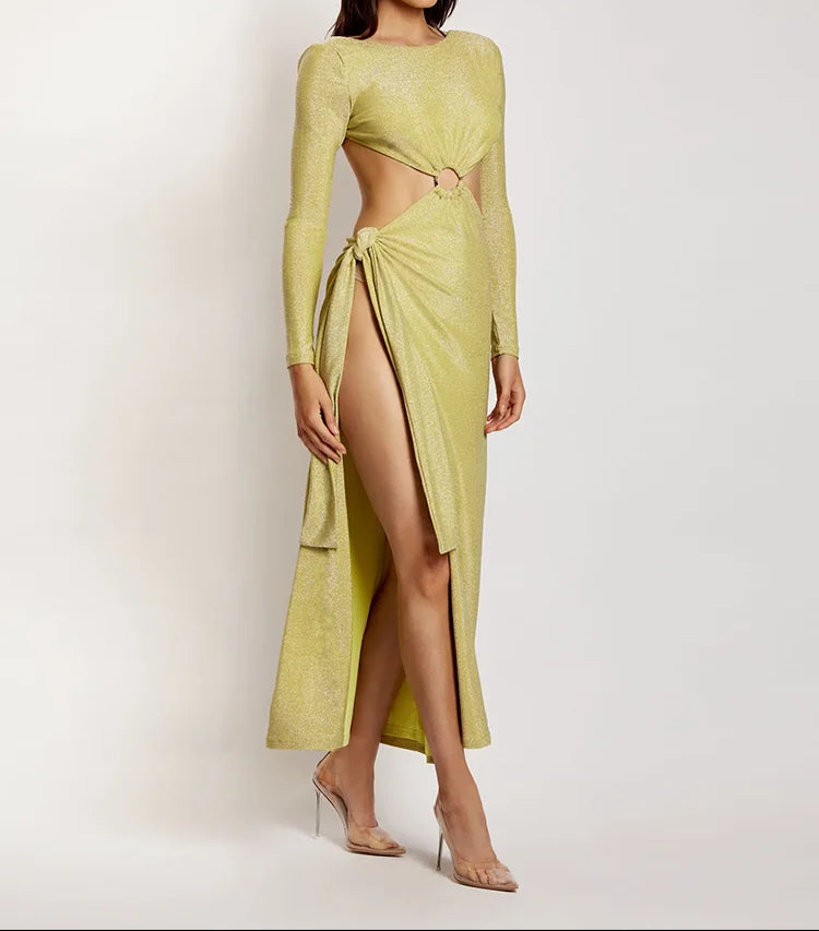 Backless Waist Hollow Out Design High Slit Long Gold Dress
