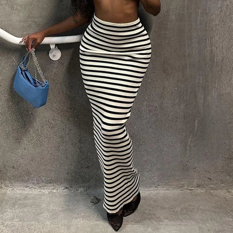 White Black Striped Bodycon Midi Maxi Long