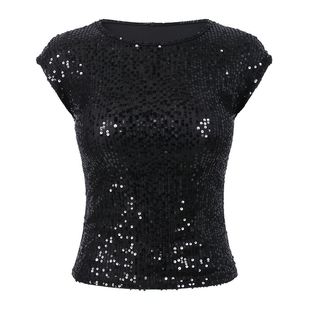 Bareback sequin short sleeved top