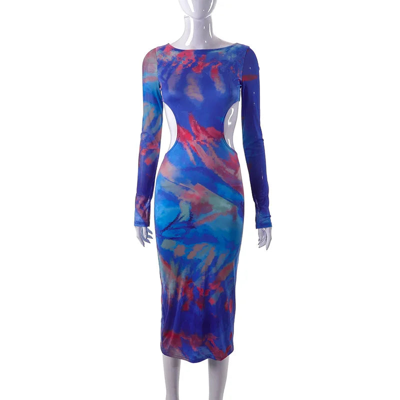 Blue Print Bodycon Dress with Sheer Mesh Sleeves