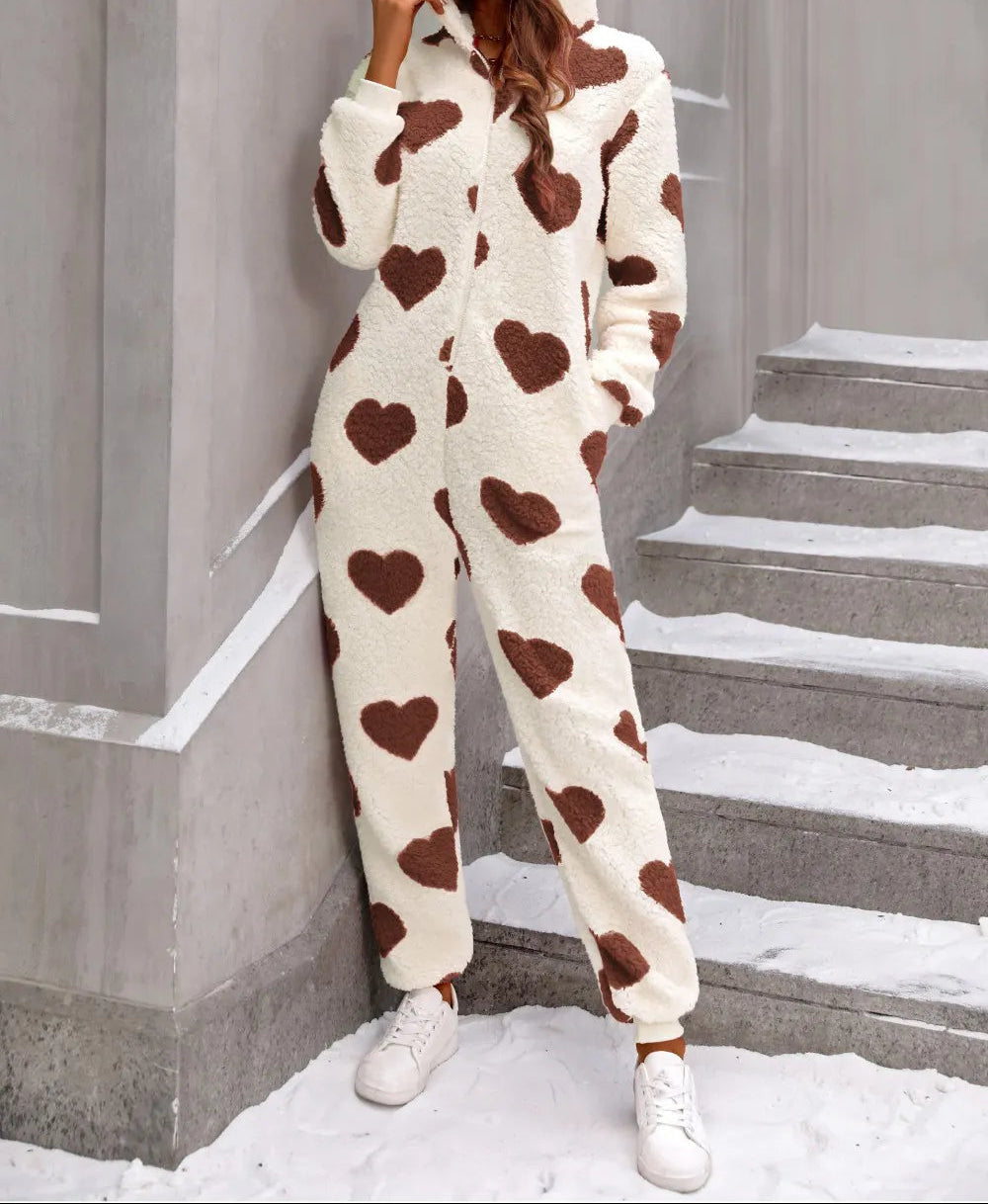 Heart Zip Up Hooded Lounge Jumpsuit