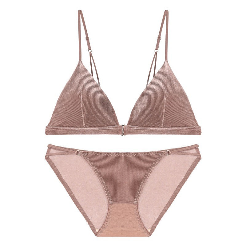 No Steel Ring Bra Back Breathable French Triangle Cup Suede Thin Bra Set