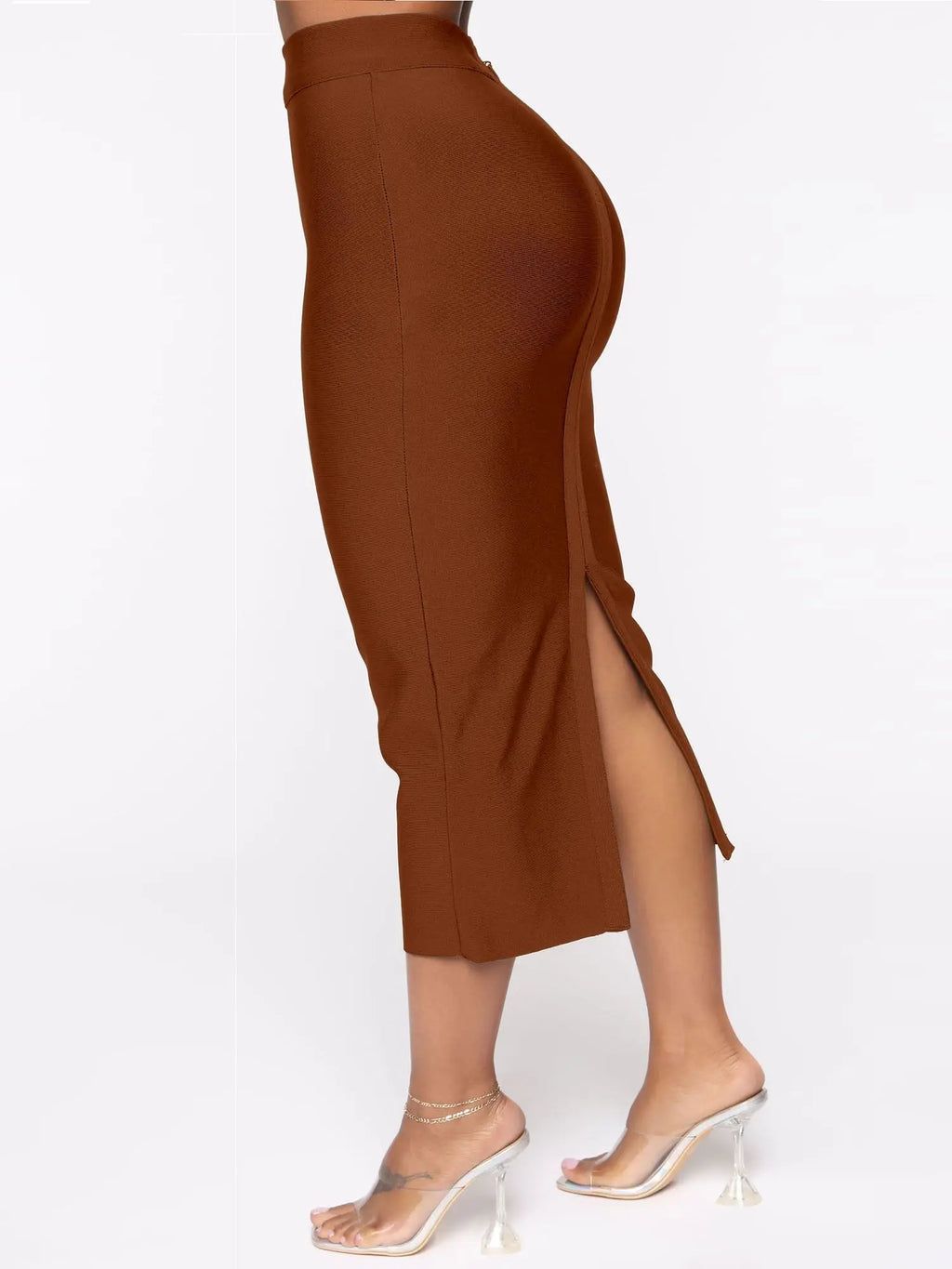 Open Fork Split Brown Bandage Skirt
