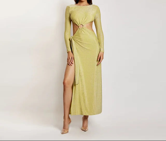Backless Waist Hollow Out Design High Slit Long Gold Dress