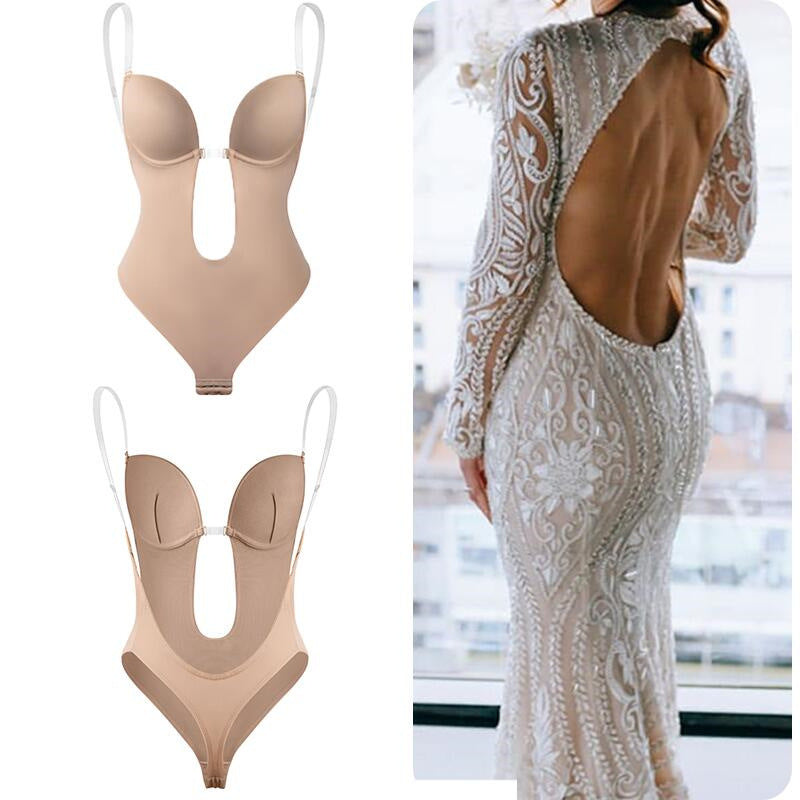 Bodysuit Deep V Backless Abdominal Corset Invisible Straps Shapewear