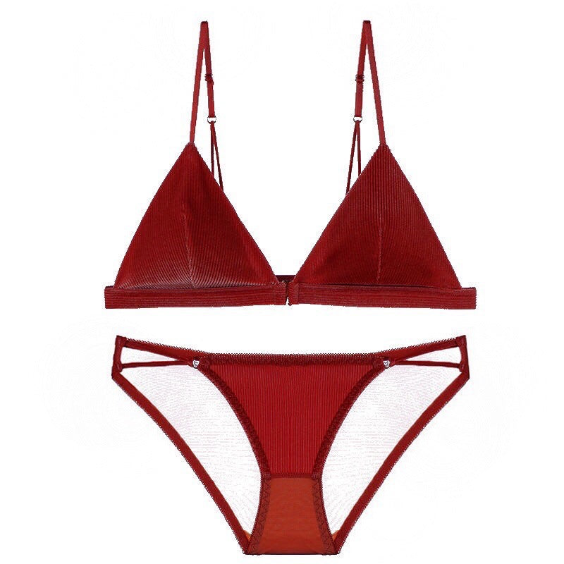 No Steel Ring Bra Back Breathable French Triangle Cup Suede Thin Bra Set