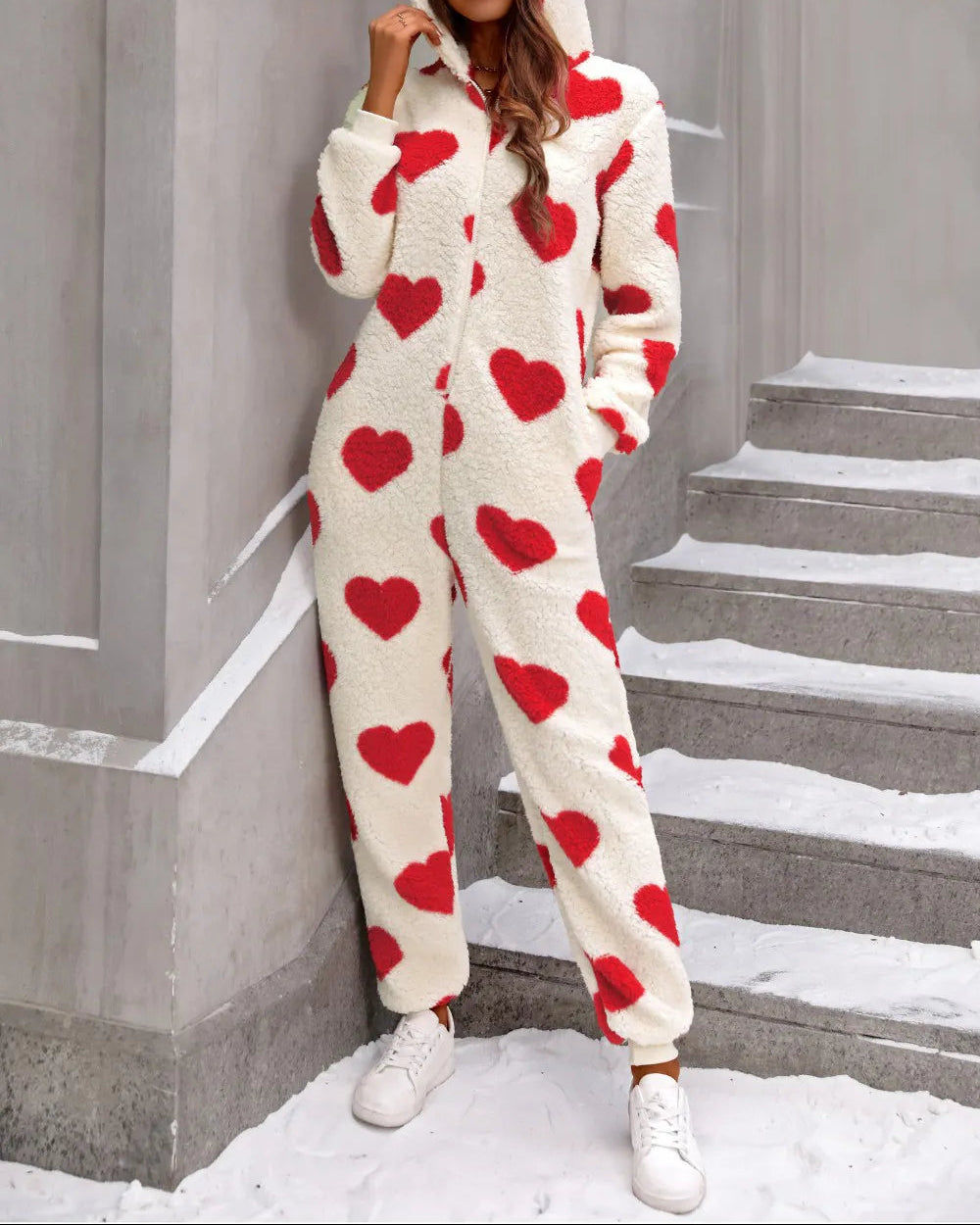 Heart Zip Up Hooded Lounge Jumpsuit