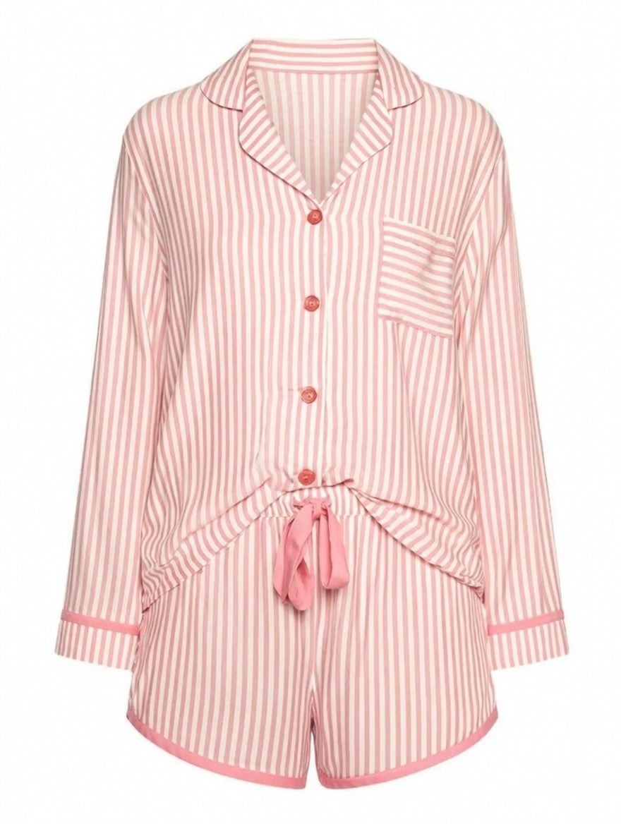 Striped Collared Neck Long Sleeve Top and Shorts Lounge Set