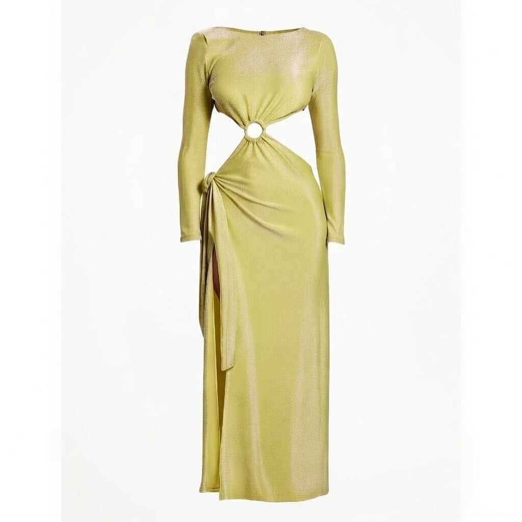 Backless Waist Hollow Out Design High Slit Long Gold Dress