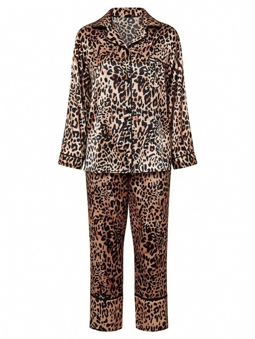 Leopard Button Up Long Sleeve Top and Pants Lounge Set