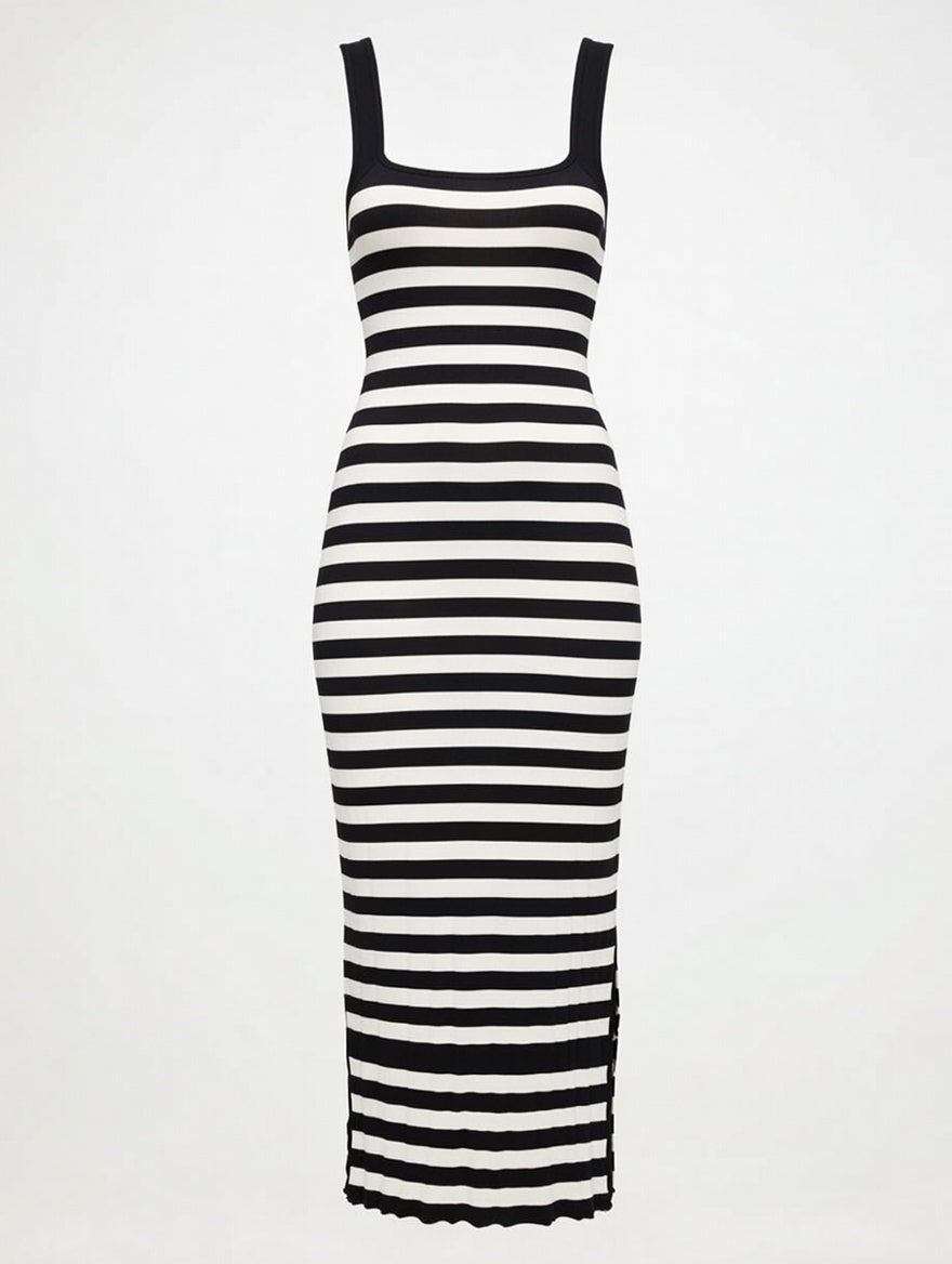 Black White Striped Knitted Midi Dress