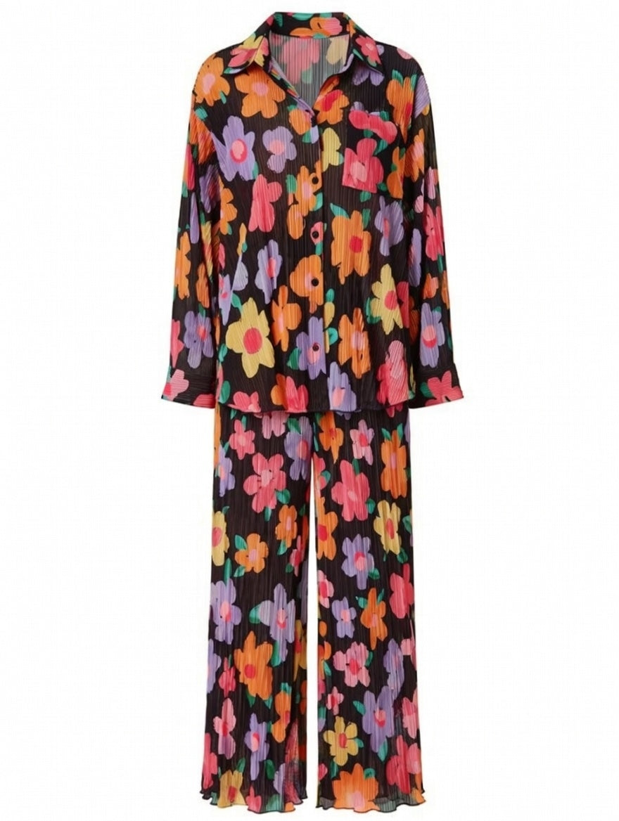 Printed Collared Neck Long Sleeve Top and Pants Lounge Set