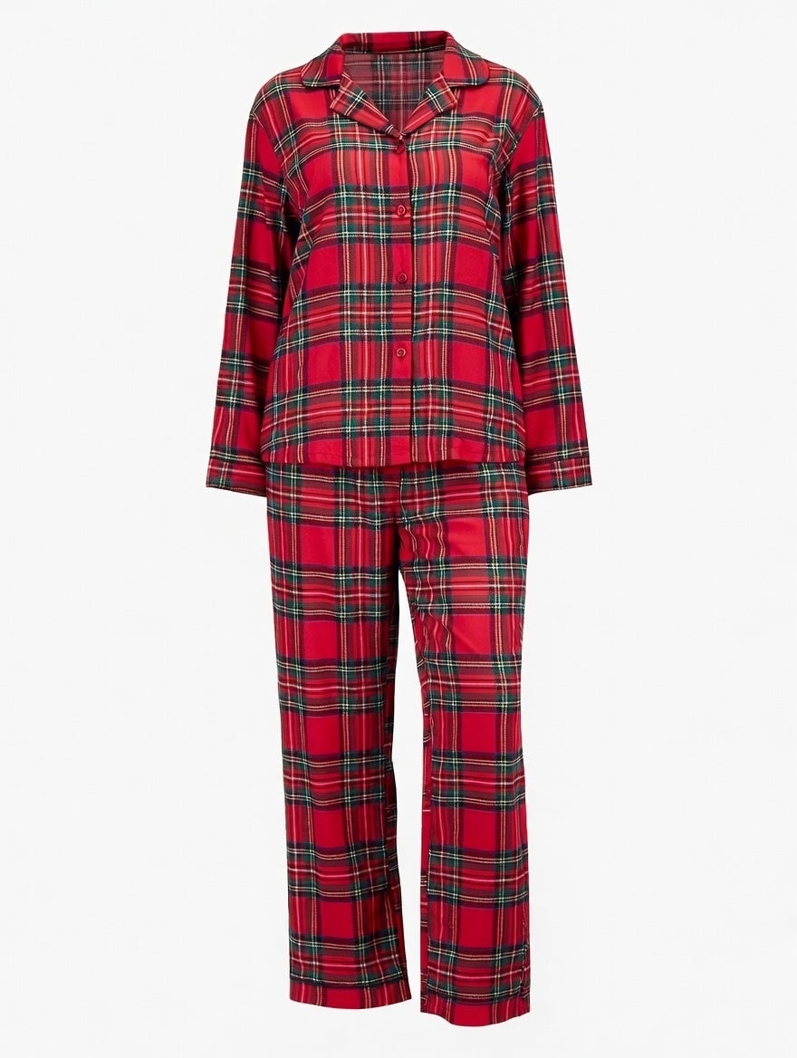 Plaid Collared Neck Button Up Top and Pants Lounge Set