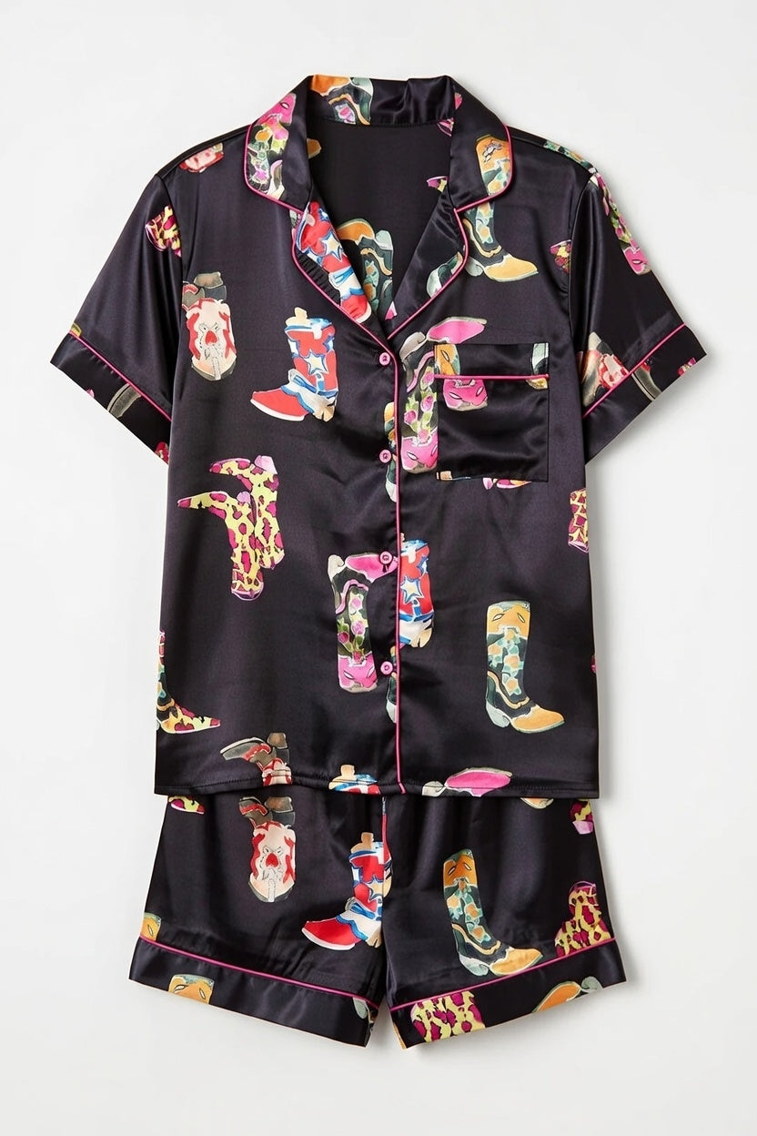 Black Western Boots Printed Short Set