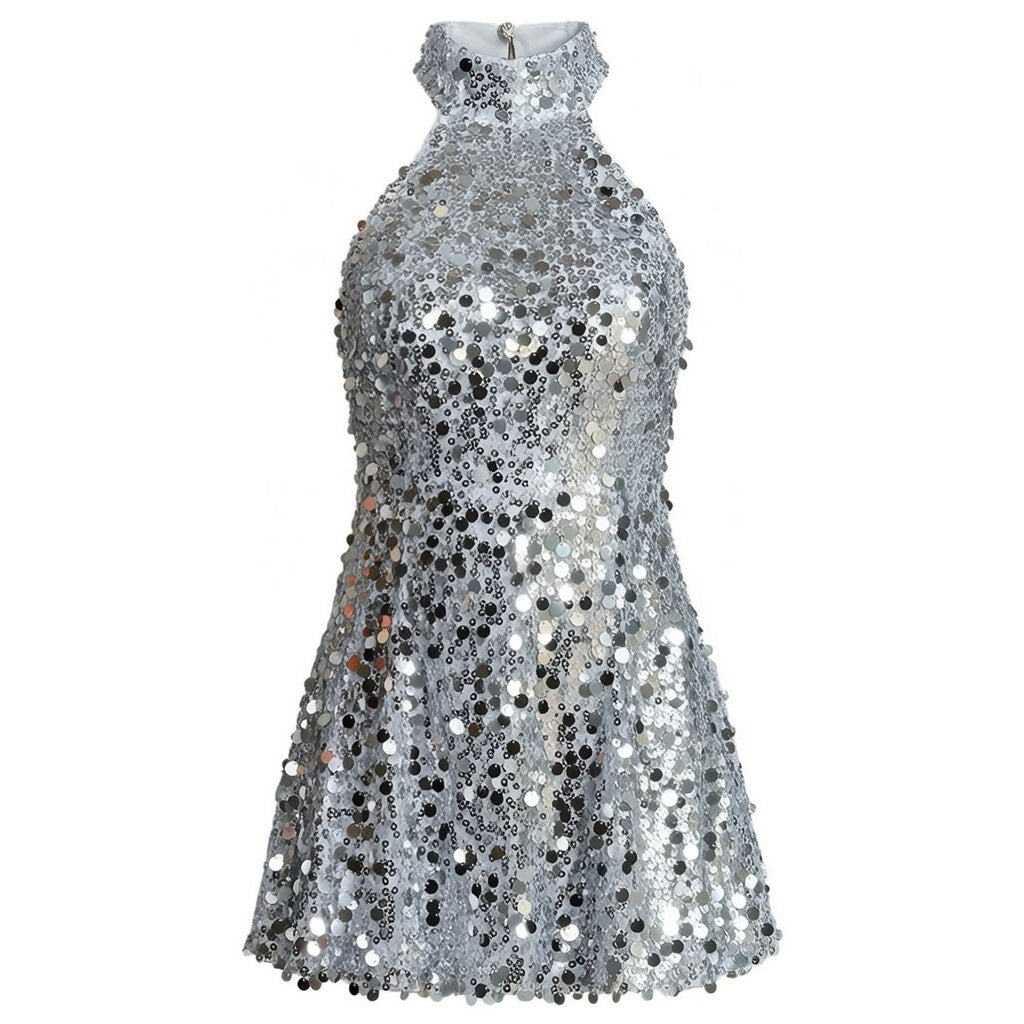 Backless sleeveless neck hanging sequin dress
